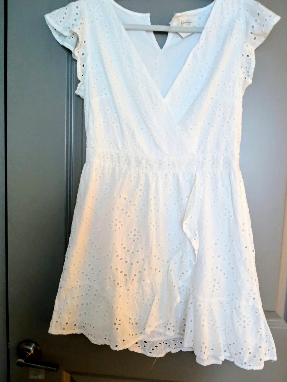 Bright White Eyelet V-Neck Dress with a Ruffle Edged Wrap Skirt  XL Brand New